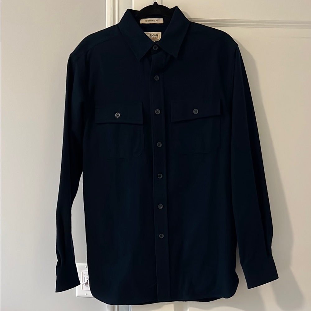 New Men’s L.L. Bean Navy Blue Thick Chamois Cloth Button-Up Shirt
